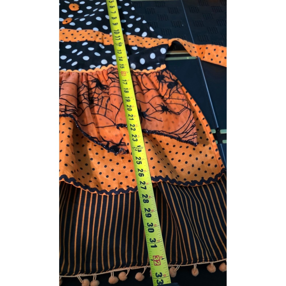 Pier 1 Halloween Polka Dot Spider Web Ruffle Apron Orange Black Pom Pom Trim - Picture 5 of 5